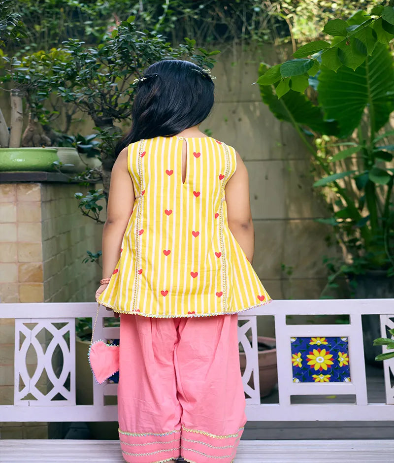 Pret Yellow Hearts & Stripe Printed Kurti with Coral Farshi Salwar