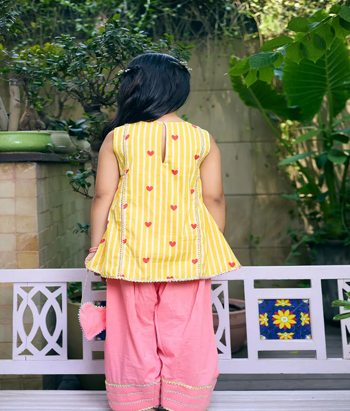 Pret Yellow Hearts & Stripe Printed Kurti with Coral Farshi Salwar
