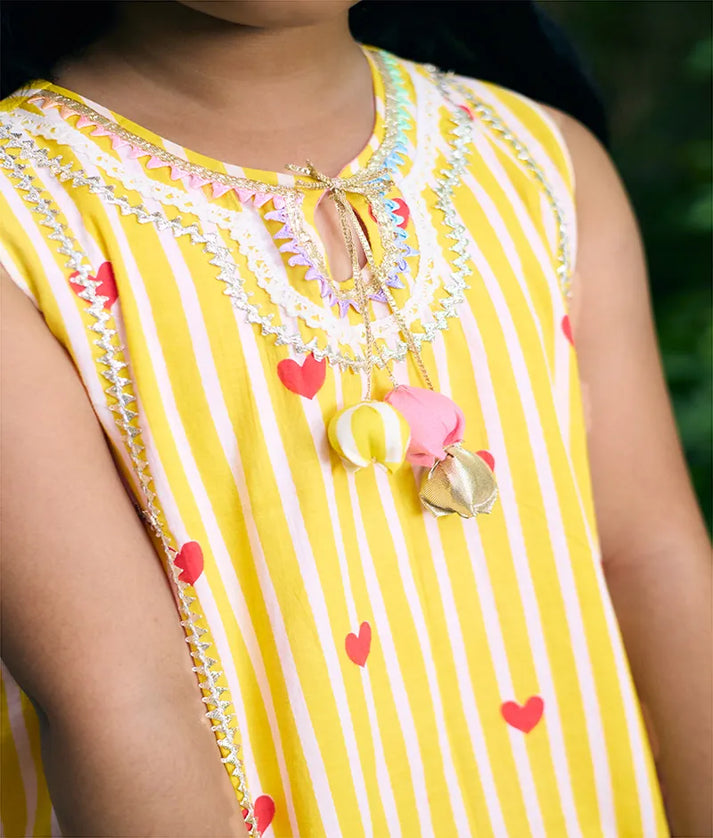 Pret Yellow Hearts & Stripe Printed Kurti with Coral Farshi Salwar