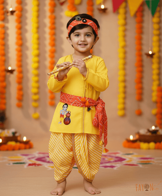 Pret Yellow Kurta and Printed Dhoti set for Boys