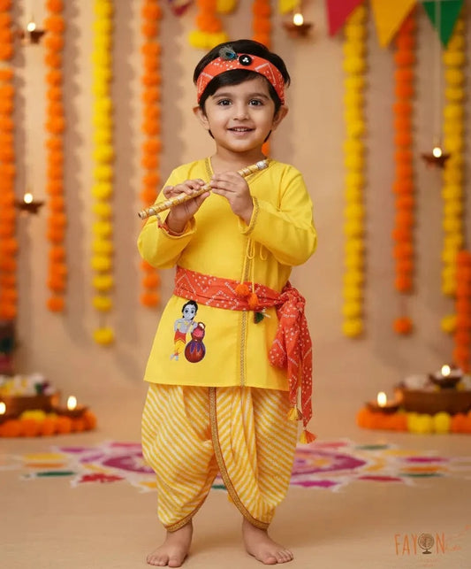 Pret Yellow Kurta and Printed Dhoti set for Boys