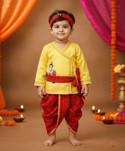 Pret Yellow Kurta and Red Bandhej Dhoti for Boys