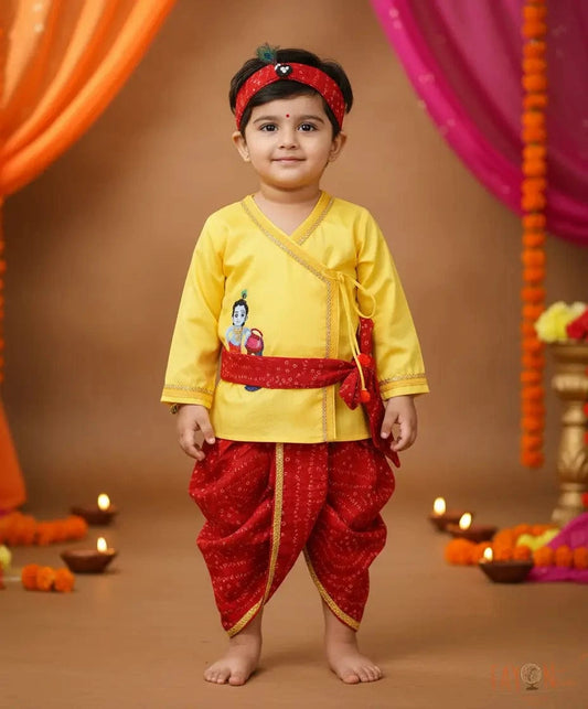 Pret Yellow Kurta and Red Bandhej Dhoti for Boys