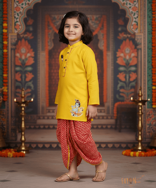 Pret Yellow Kurta with Lehriya Dhoti for Boys