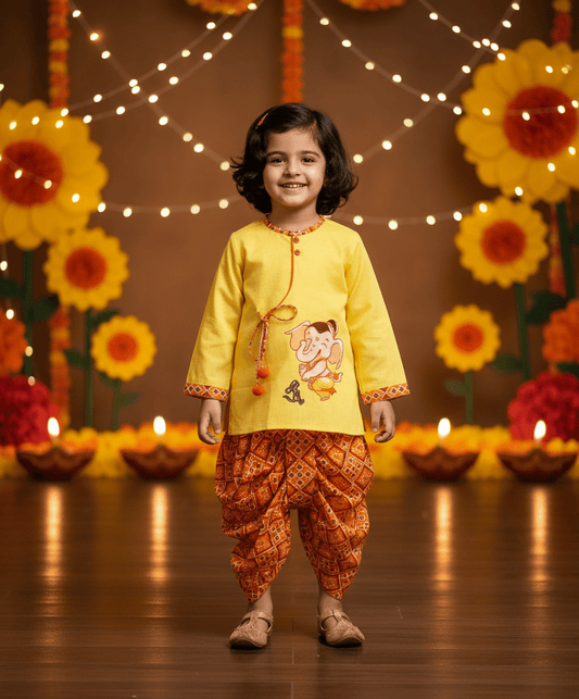 Pret Yellow Kurta with Printed Dhoti for Boys