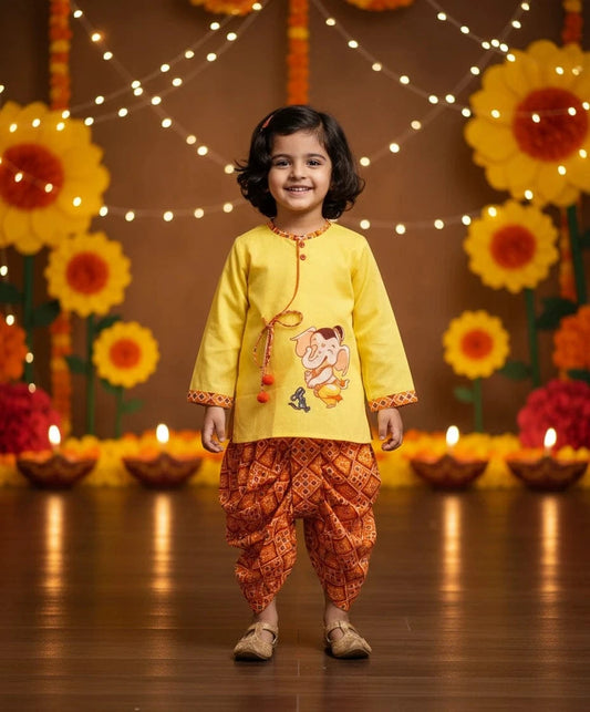 Pret Yellow Kurta with Printed Dhoti for Boys