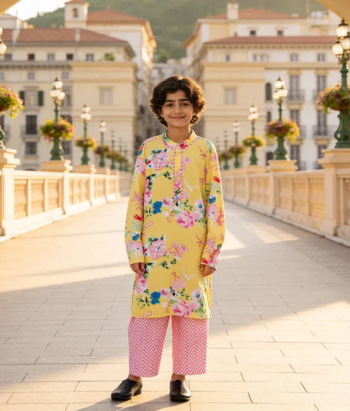 Pret Yellow Printed Kurta with Stripe Pant