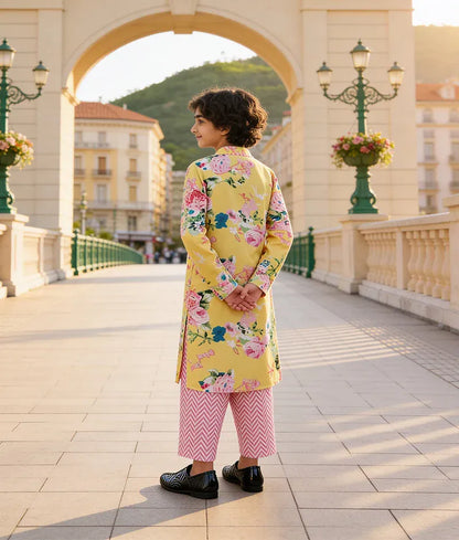 Pret Yellow Printed Kurta with Stripe Pant
