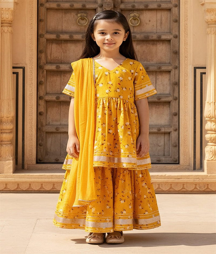 Pret Yellow Printed Kurti Sharara Set