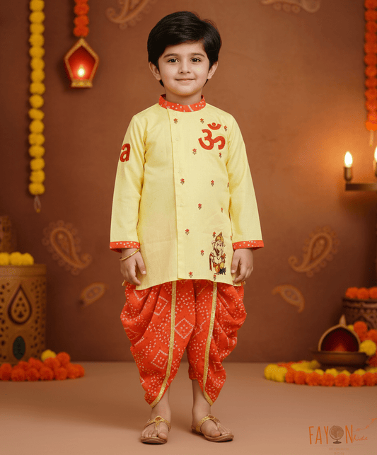 Pret Yellow Silk Kurta and Orange Print Dhoti for Boys