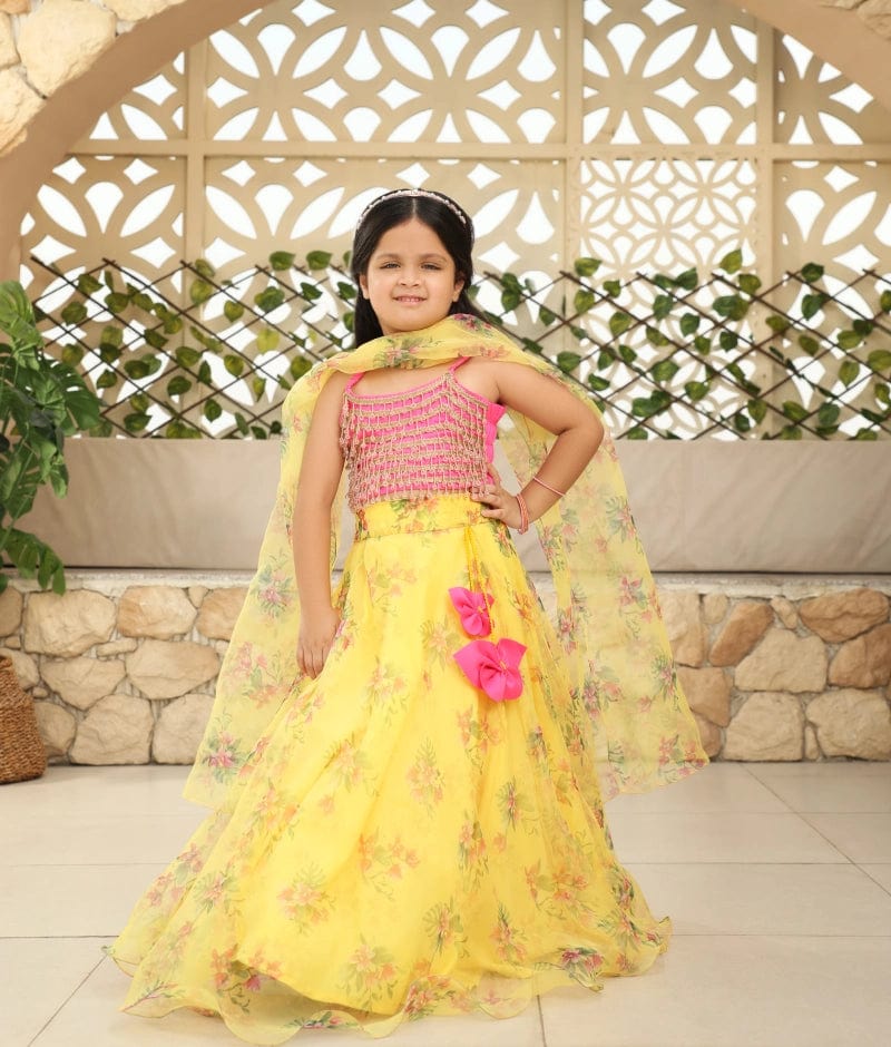 Pret Yellow Tassel Choli with Printed Lehenga for Girls