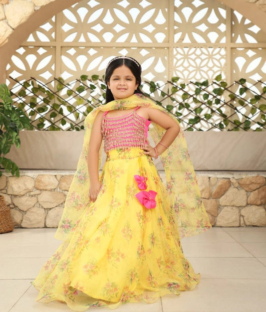 Pret Yellow Tassel Choli with Printed Lehenga for Girls
