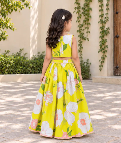 Yellow Tassel Top with Printed Lehenga - Pret Yellow Tassel Top with Printed Lehenga