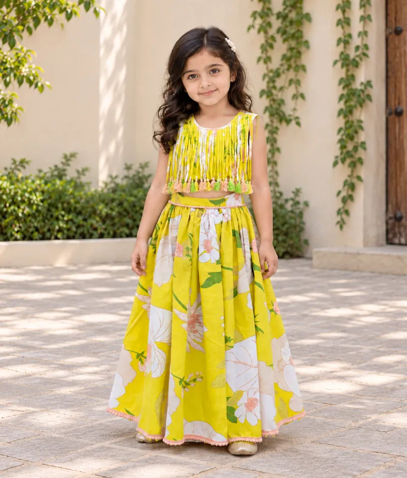 Pret Yellow Tassel Top with Printed Lehenga
