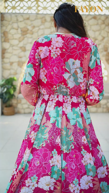 Aqua Blue Silk Lehenga with Choli Printed Jacket for Girls