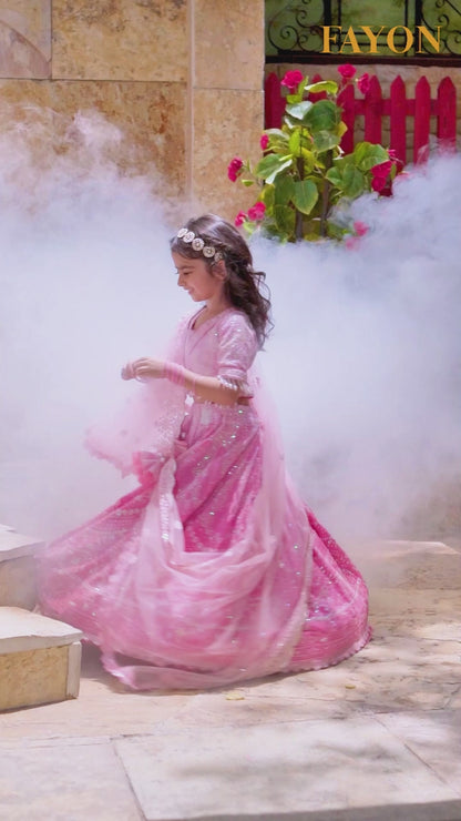 Pink Thread Work Lehenga for Girls