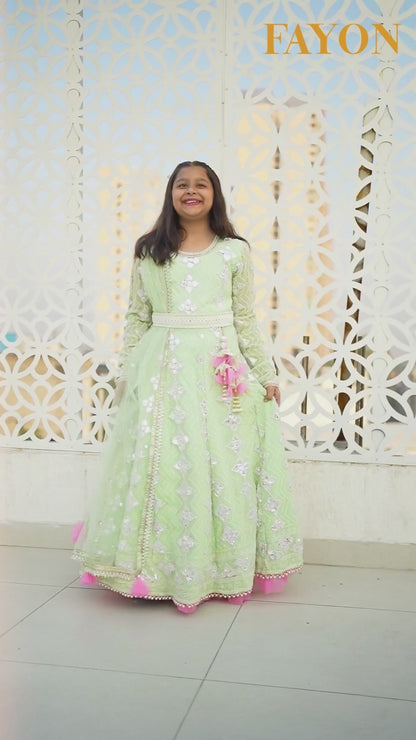 Pista Green Gota Embroidery Anarkali with Boti Net Dupatta for Girls