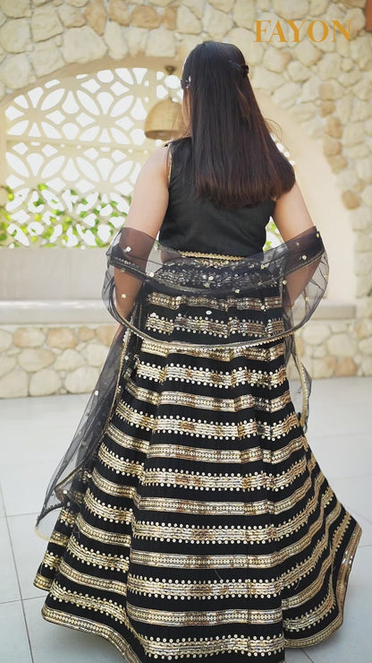 Black Sequins Lehenga Choli Dupatta for Girls