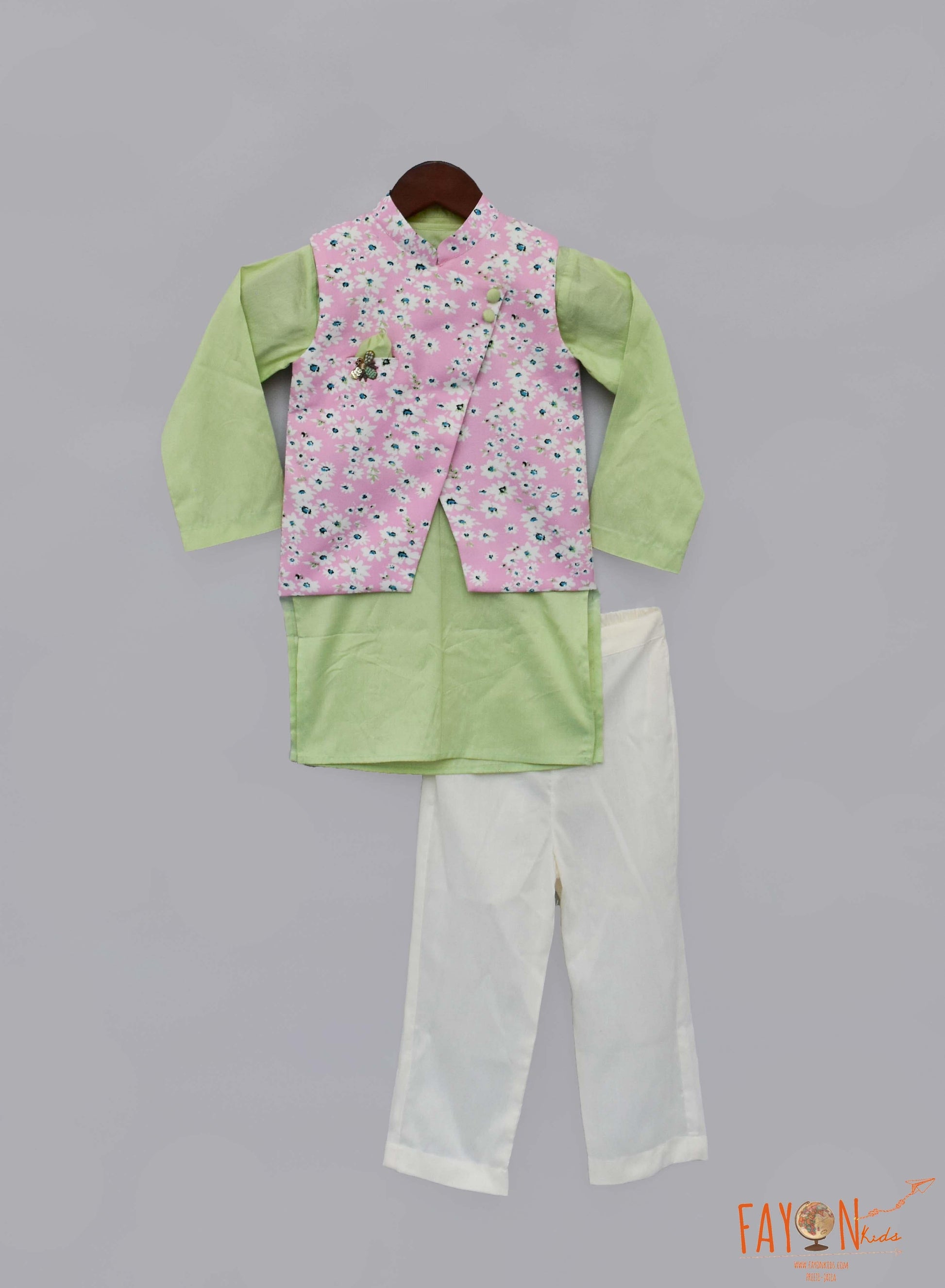 Fayon Kids Pink Printed Nehru Jacket with Green Kurta Off-white Pant set for boys