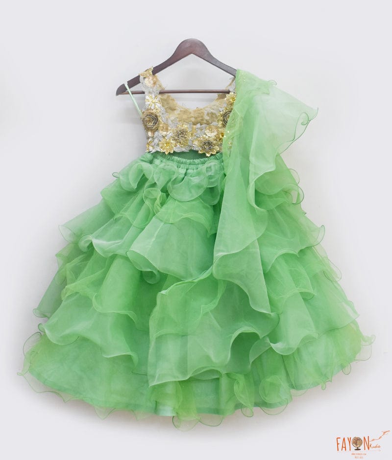 Fayon Kids 3D Flowers Choli with Green Organza Lehenga for Girls