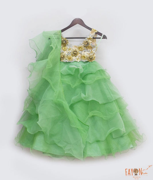 Fayon Kids 3D Flowers Choli with Green Organza Lehenga for Girls