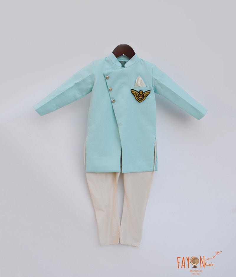 Fayon Kids Aqua Blue Linen Ajkan with Patch Chudidar for Boys