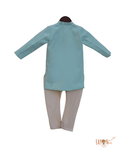 Fayon Kids Aqua Blue Linen Ajkan with Patch Chudidar for Boys