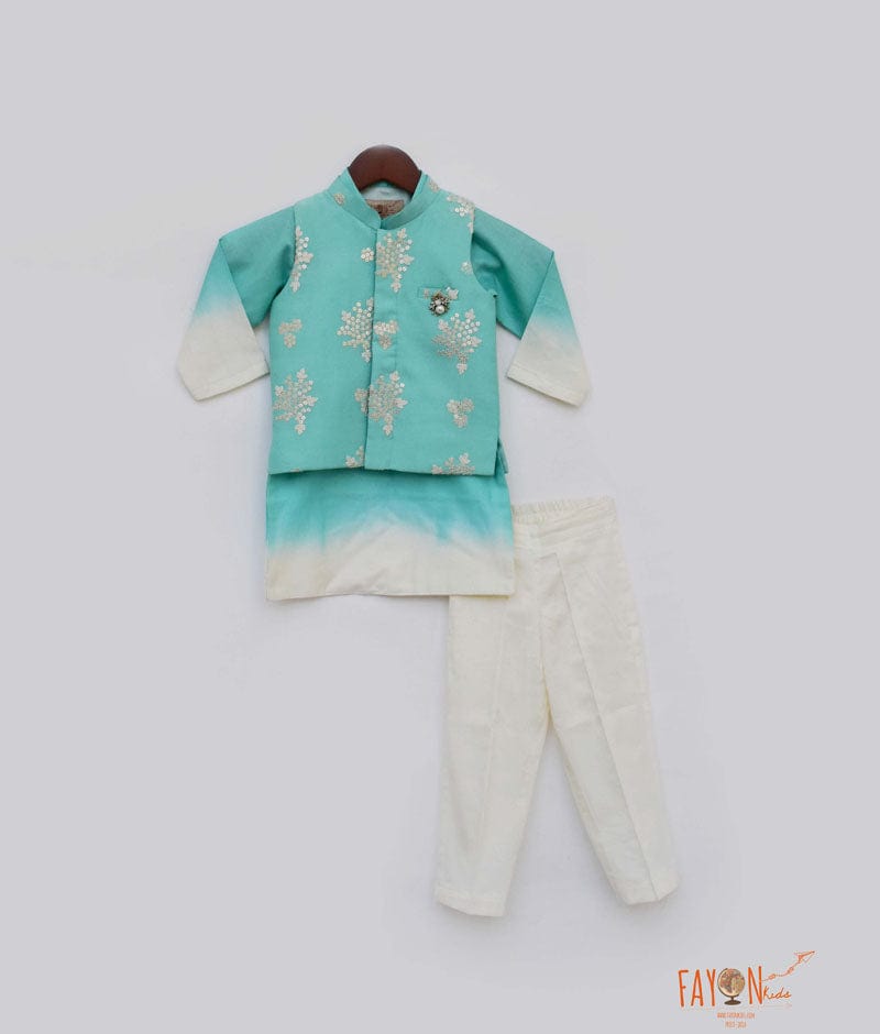 Fayon Kids Aqua Embroidery Jacket with Shaded Kurta Pant for Boys