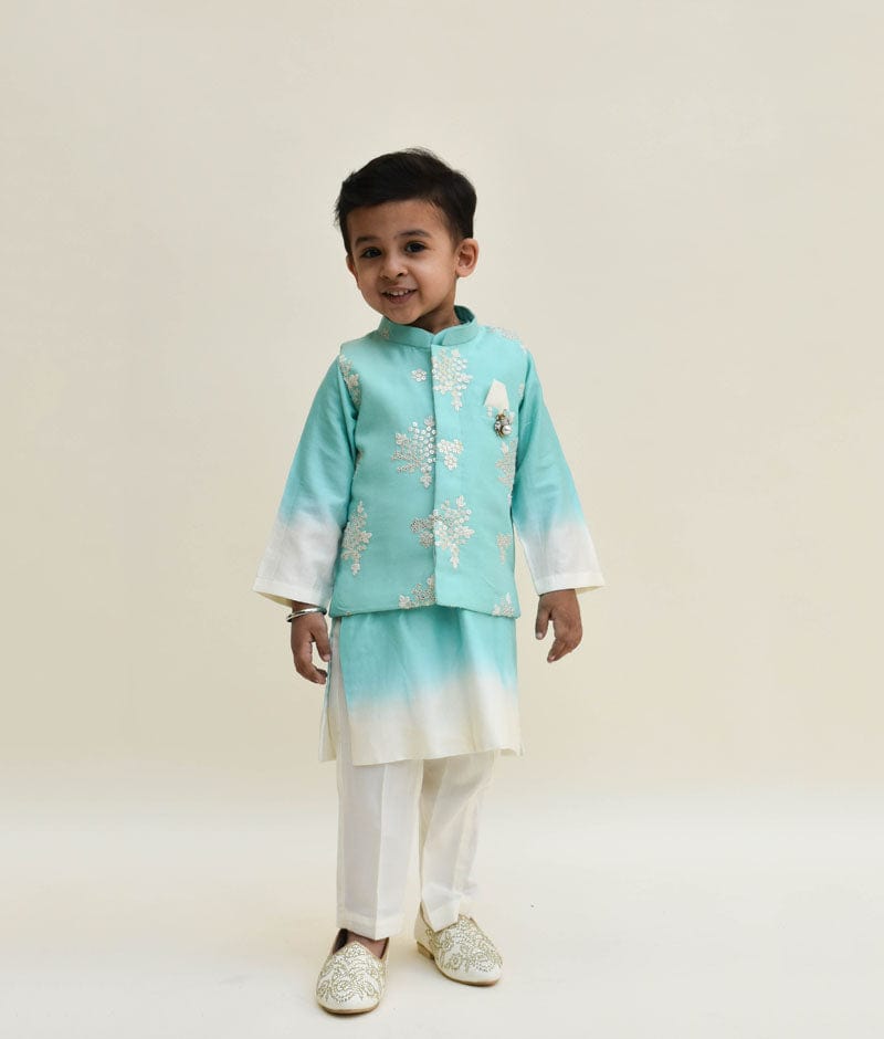 Fayon Kids Aqua Embroidery Jacket with Shaded Kurta Pant for Boys