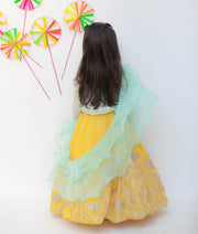 Aqua Embroidery Yellow Gota Lehenga with Peplum Choli Organza Dupatta for Girls