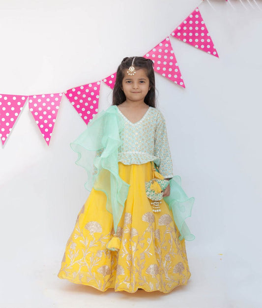 Aqua Embroidery Yellow Gota Lehenga with Peplum Choli Organza Dupatta for Girls