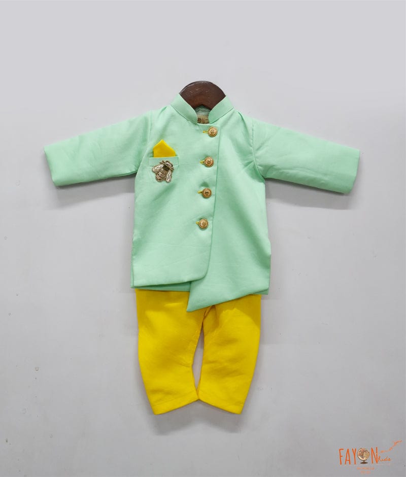 Fayon Kids Aqua Green Ajkan with Yellow Churidar for Boys