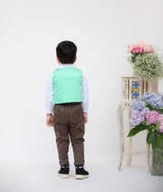 Aqua Green Waist Coat with White Shirt Brown Pant for Boys