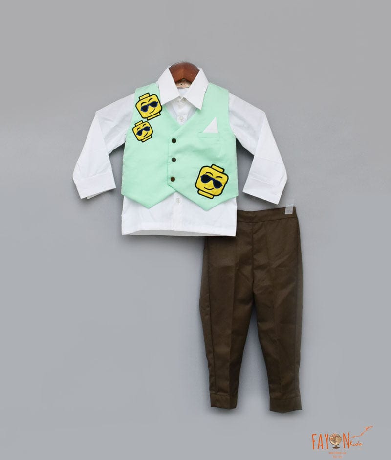 Fayon Kids Aqua Green Waist Coat with White Shirt Brown Pant for Boys