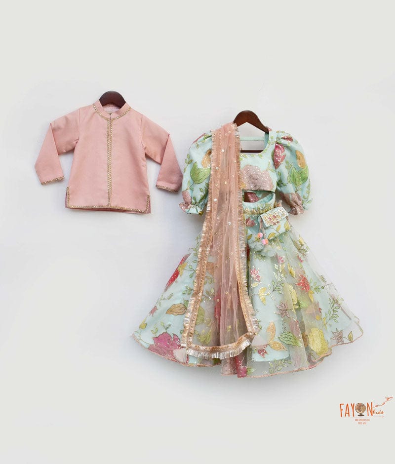 Aqua Net Embroidery Lehenga with Choli Silk Jacket for Girls