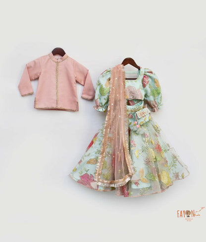 Aqua Net Embroidery Lehenga with Choli Silk Jacket for Girls