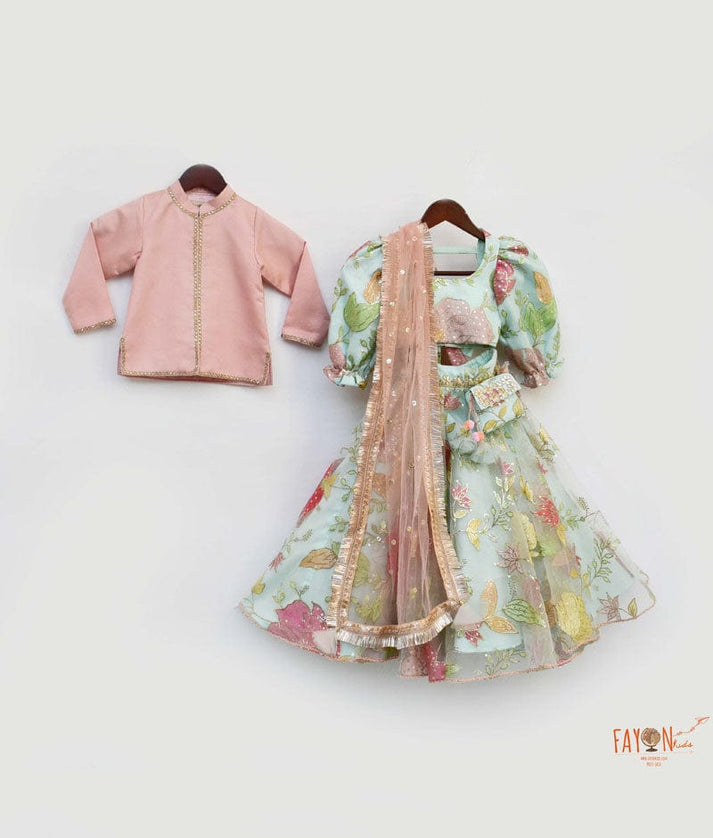 Aqua Net Embroidery Lehenga with Choli Silk Jacket for Girls