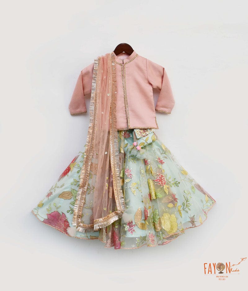 Aqua Net Embroidery Lehenga with Choli Silk Jacket for Girls