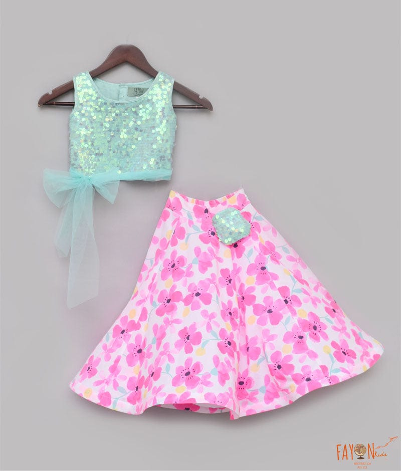 Fayon Kids Aqua Soft Sequin White Printed Crop Top with Skirt for Girls
