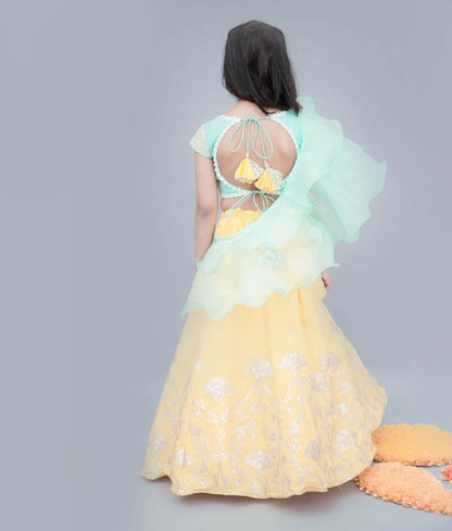 Fayon Kids Aqua Thread Embroidered Yellow Gota Lehenga with Choli Organza Dupatta for Girls