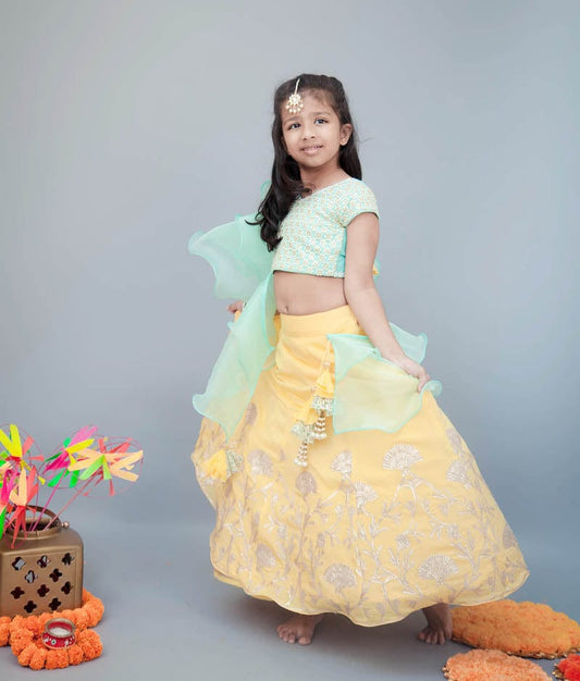 Fayon Kids Aqua Thread Embroidered Yellow Gota Lehenga with Choli Organza Dupatta for Girls