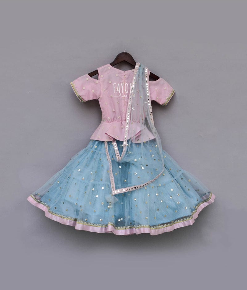 Baby Pink Embroidery Blue Boti Net Anarkali with Boti Net Dupatta for Girls