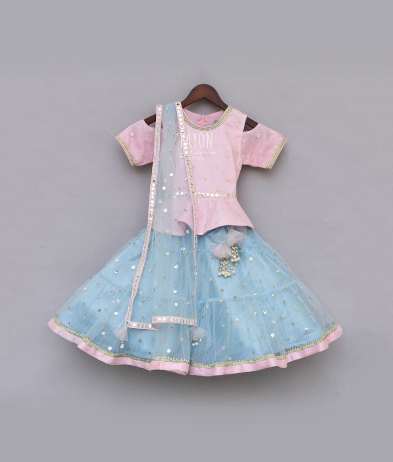 Baby Pink Embroidery Blue Boti Net Anarkali with Boti Net Dupatta for Girls