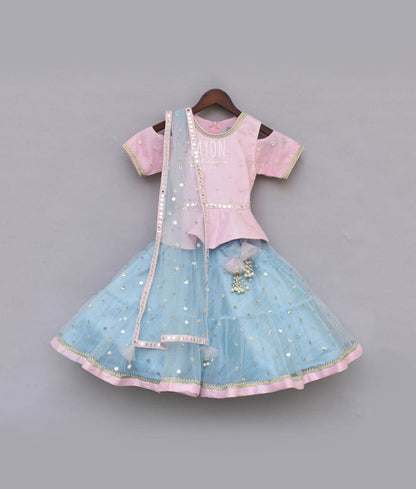 Baby Pink Embroidery Blue Boti Net Anarkali with Boti Net Dupatta for Girls