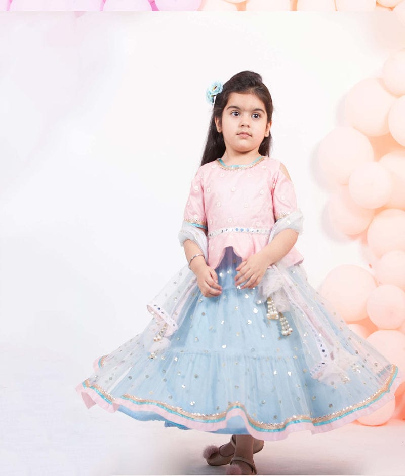 Fayon Kids Baby Pink Embroidery Blue Boti Net Anarkali with Boti Net Dupatta for Girls