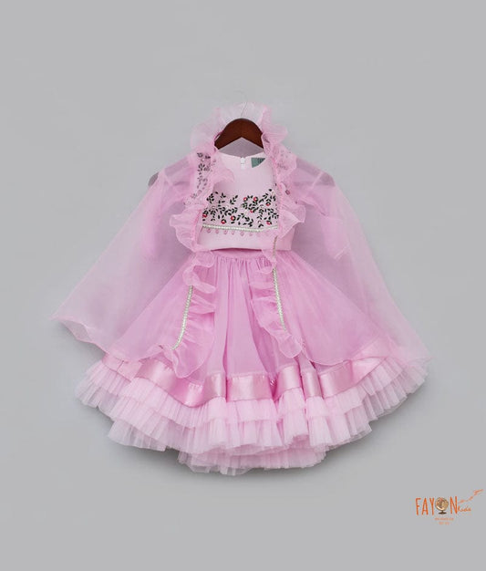 Fayon Kids Baby Pink Embroidery Organza Lehenga with Choli Organza Cape for Girls
