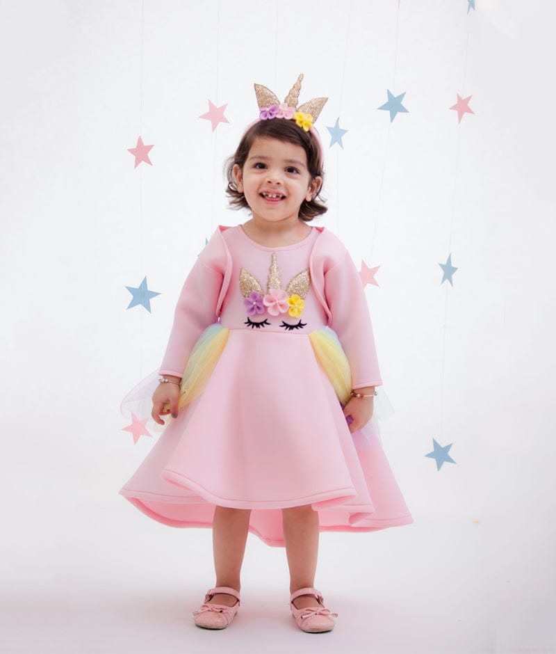 Fayon Kids Baby Pink Unicorn Dress with Jacket for Girls