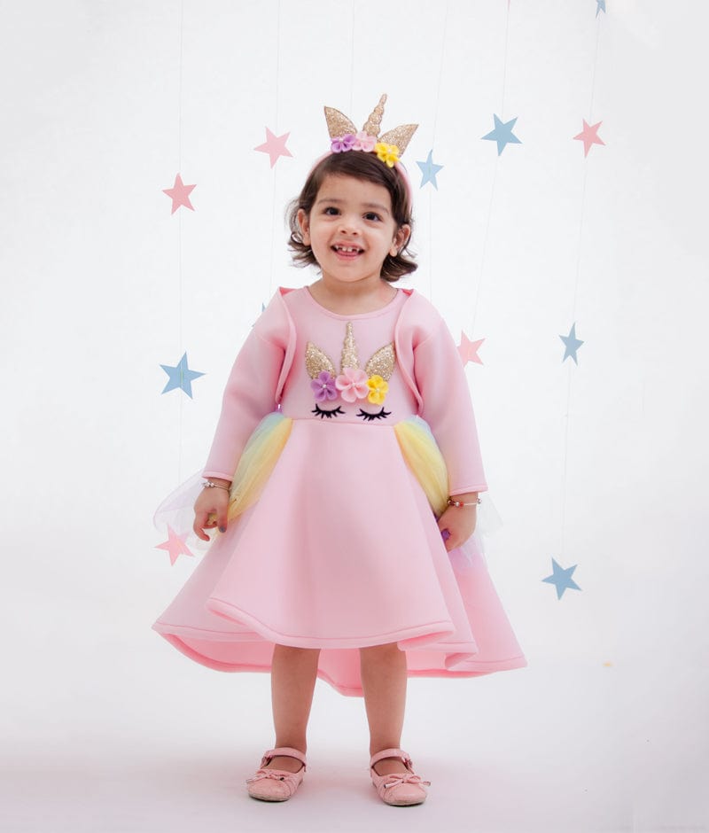 Baby Pink Unicorn Dress with Jacket for Girls - Main Image