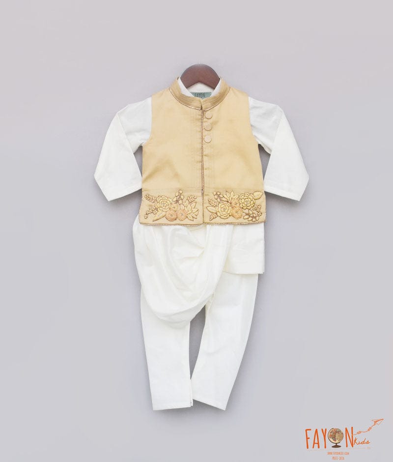 Fayon Kids Beige Embroidery Nehru Jacket with Cowl Kurta Chudidar for Boys