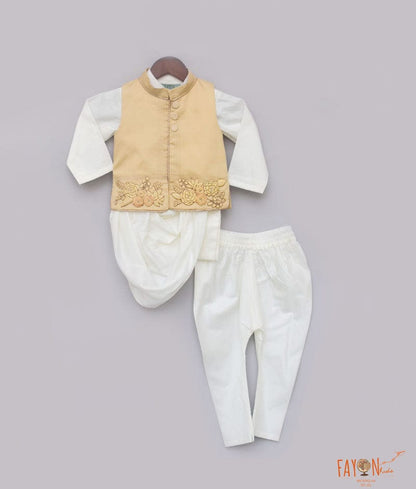 Fayon Kids Beige Embroidery Nehru Jacket with Cowl Kurta Chudidar for Boys